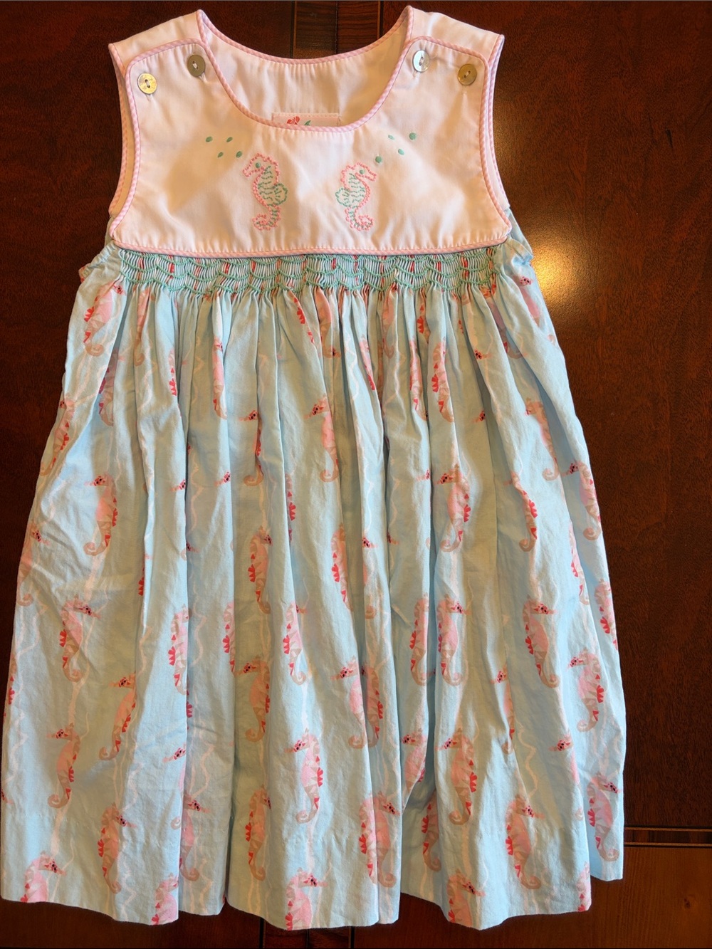 Shrimp and grits kids smocked seahorse dress